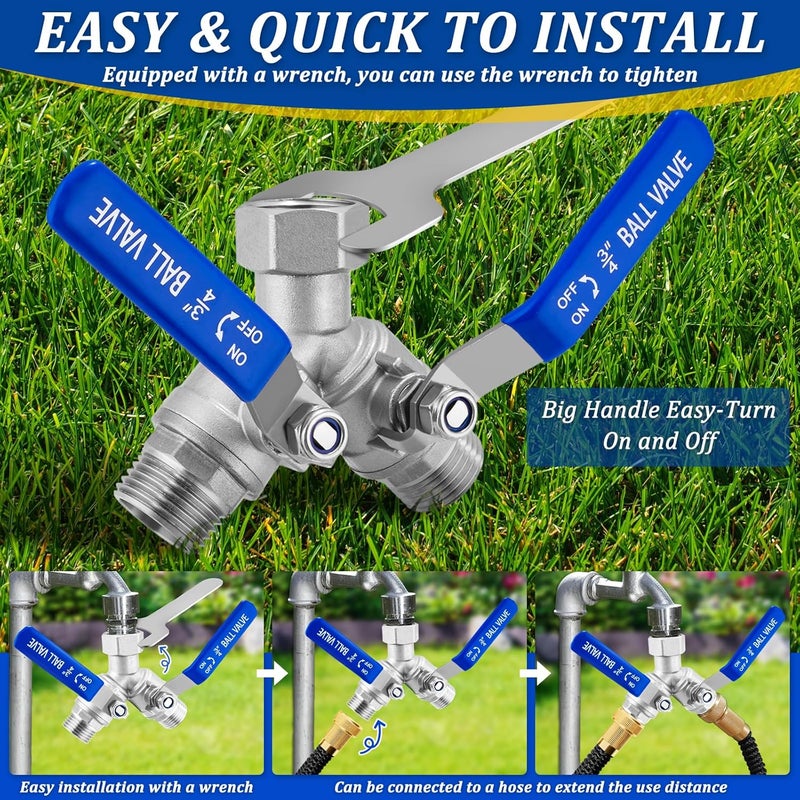 windblowgrass 304 Stainless Steel Garden Hose Splitter 2 Way Heavy Duty, Full Flow Water Hose Splitter with Long Handle, Lead-free, 3/4" GHT Thread, with 2 Washers, 1 Tape & Wrench - Image 4